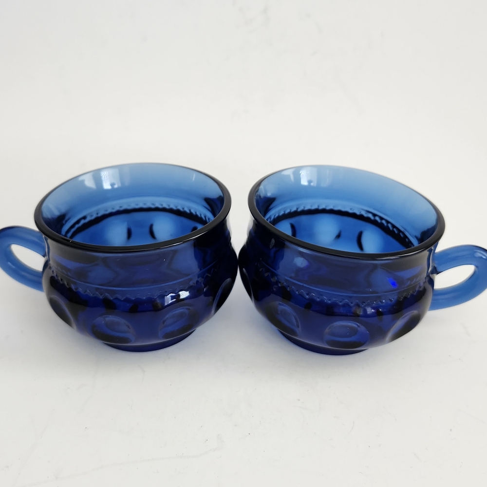 Vintage Cobalt Blue Glass Cups w/ Handles, Retro Thumbprint Pattern Coffee Cups